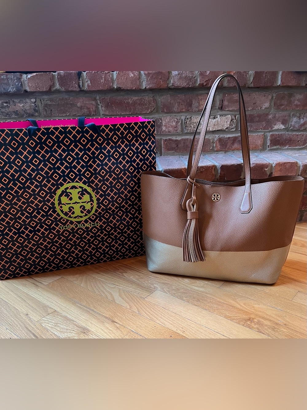 Tory Burch Gold & Tan Leather Color Block Perry Tote